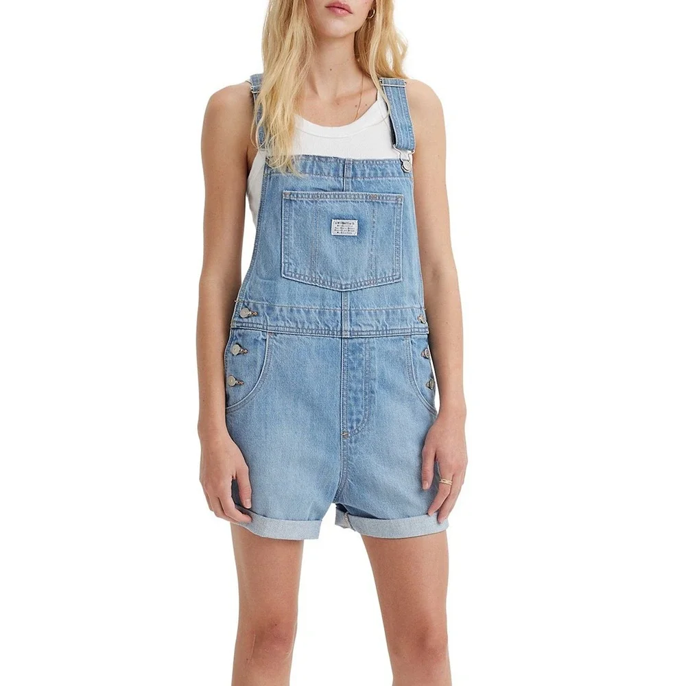 Levi's Denim Utility Shortalls Womens Sz XL Light Wash NEW Vintage Style Romper - Picture 2 of 8